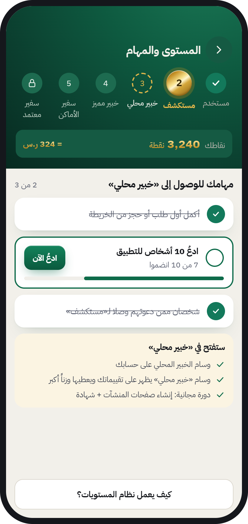 شاشة المستوى والمهام في AurMap مع سلّم المستويات الست